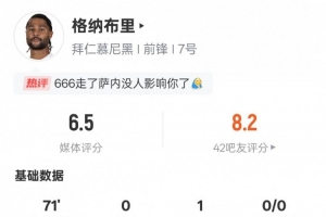格纳本场数据：1次助攻、1次关键传球、1次错失良机，评分6.5