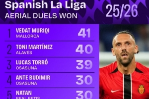 西甲历史争顶成功次数排行榜：赫伊森以21次位列第八。