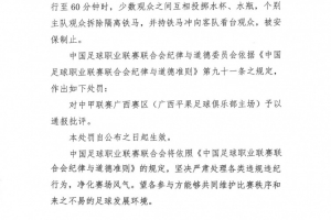中足联官方通报批评中甲广西赛区：因少数观众存在互相投掷水杯行为。
