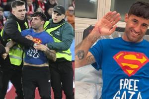 挪威对阵以色列的比赛现场，有球迷闯入球场，其T恤上印有“自由加沙”的标语。