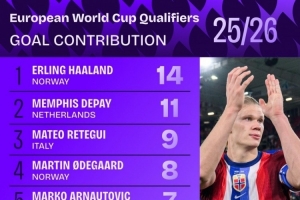 欧洲世预赛射手榜：哈兰德14球领跑，德佩11球紧随其后