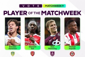 英超官方公布第9轮最佳球员候选人：埃泽、姆伯莫入选，范德芬在列